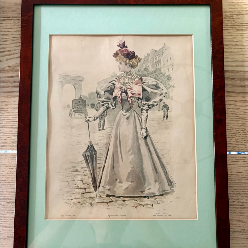 Vintage Fashion Illustration in Wooden Frame Set of Two